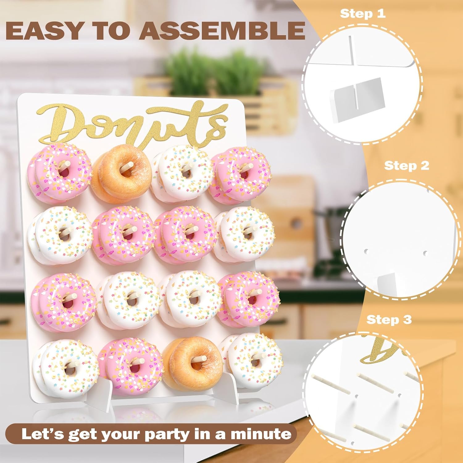 Donut Wall Display Stand, 1 Pack Wood Donut Peg Board Holds 16 Donuts, Large Donut Display Stand for Party, Donut Holder Stand Party Decorations,(White)