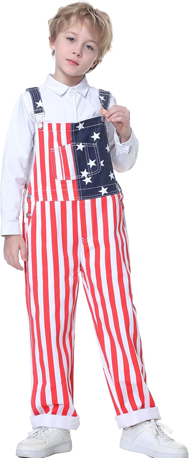 Boys American Overalls Adjustable Straps 4th of July Girls Romper Usa Flag Bibs 6-12 years kids Patriotic Jumpsuit - Image 5