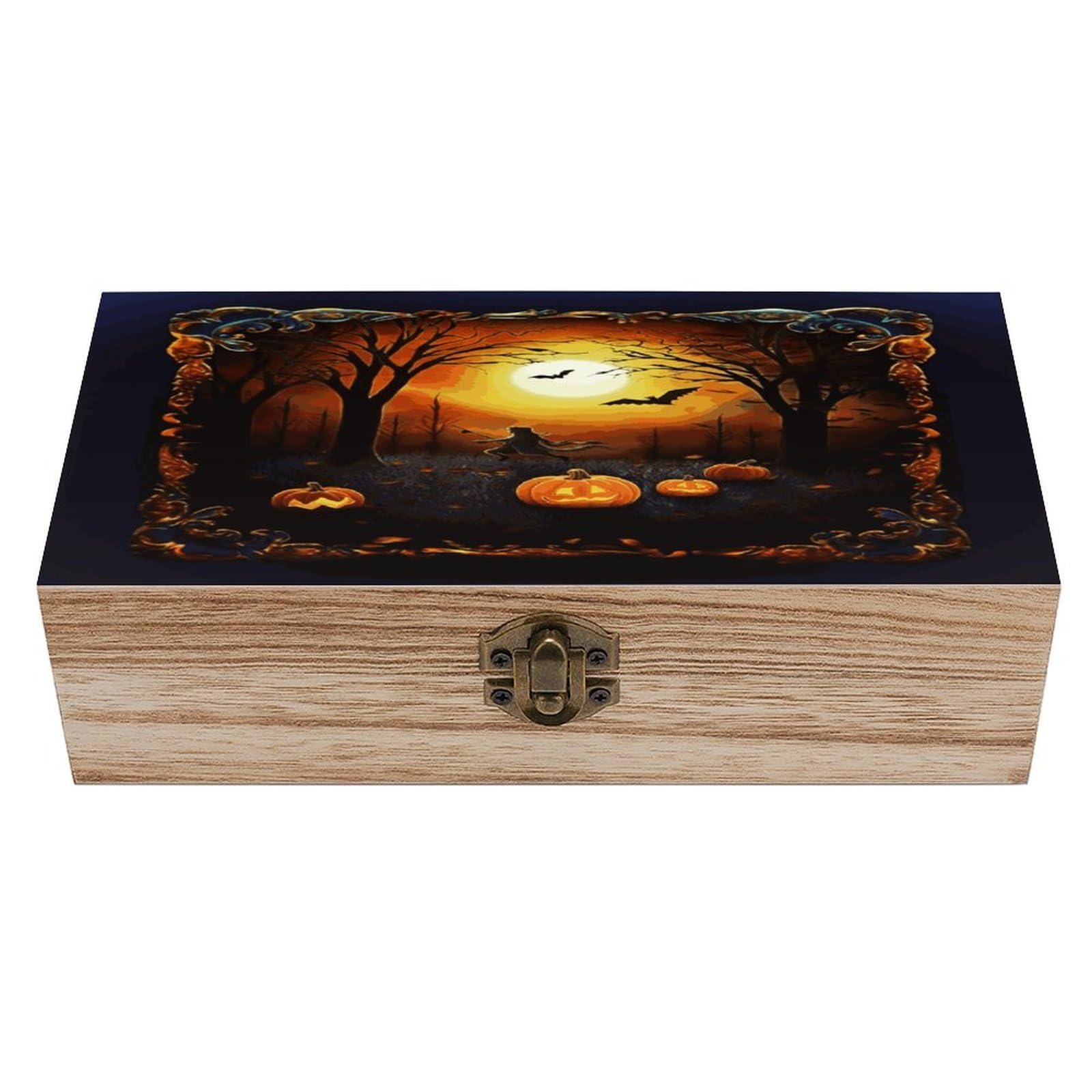 Btcowzrv Style Halloween Party Wooden Storage Box, Keepsake Box With Hinged And Retro Lock, Wood Jewelry Organizer For Photos & Mementos And Home Decor
