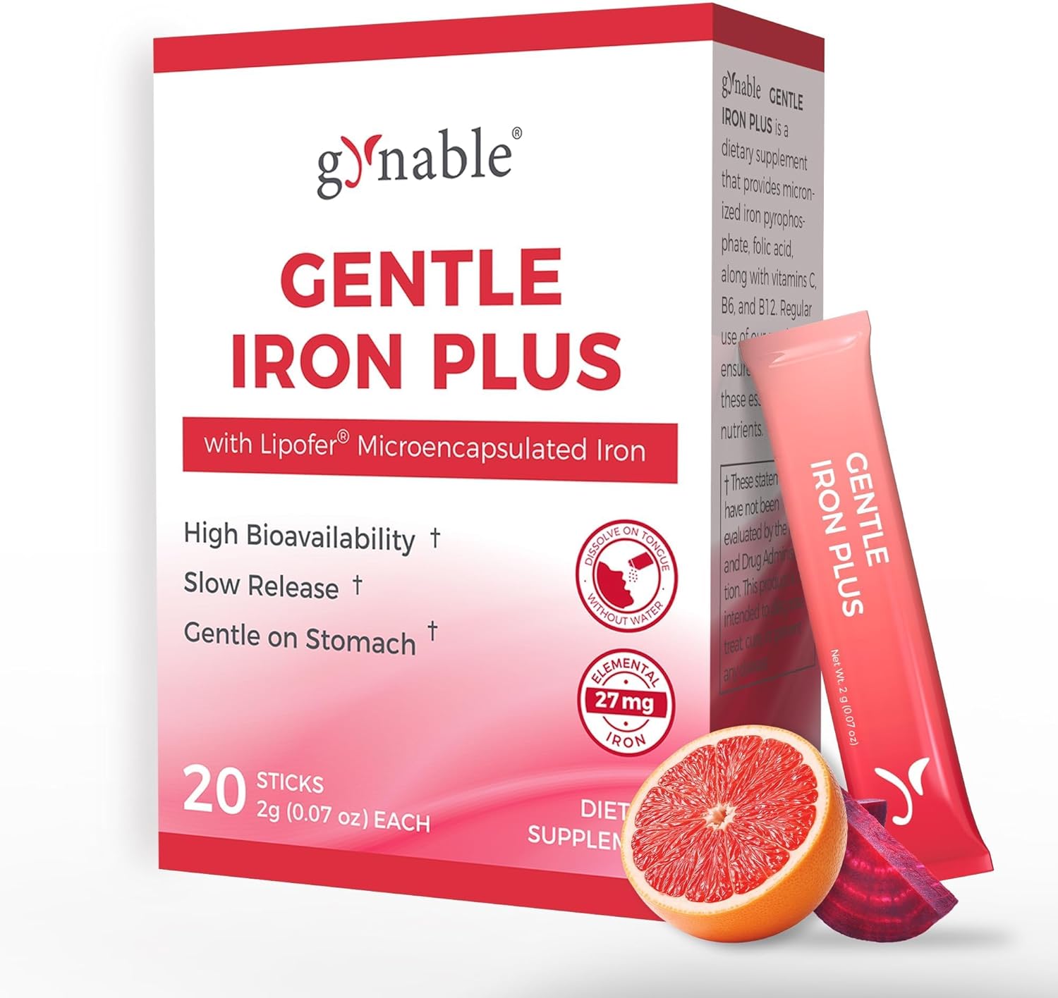 Iron Supplement for Women: Oral Dissolvable Iron Powder, Gentle Iron Plus with 27mg Lipofer®, Slow Release Iron with Vitamin C, Folic Acid, Beetroot Extract & B-Complex, Vegan, 20 Sticks