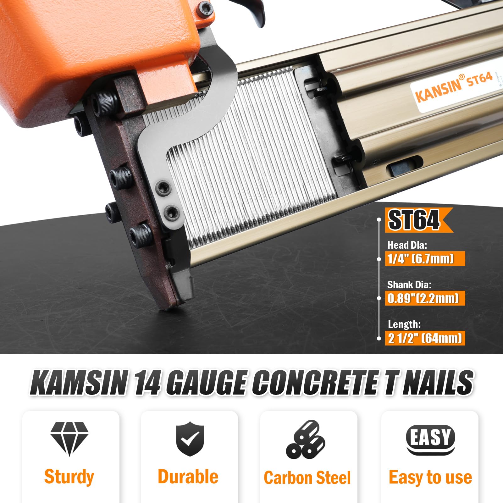 KIMSING Clavos en T de hormigón calibre 14, 2 1/2 pulgadas (64 mm) de longitud de clavos en T, galvanizados, 800 PCS/caja, sujetadores para clavadora neumática de hormigón T, pistola de clavos Air T