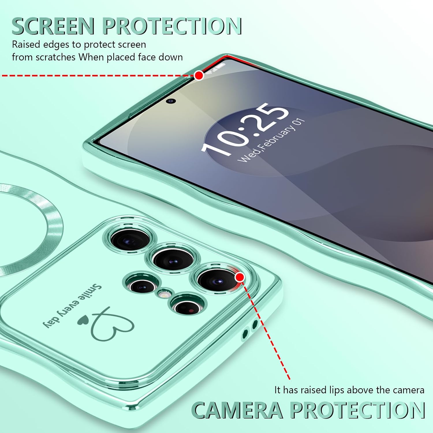 LCHULLE for Samsung Galaxy S25 Ultra Case for Women Girls [Compatible with MagSafe] Cute Curly Wave Shape, Magnetic Love Heart with Camera Lens Cover Luxury Plating Shockproof Phone Case, Mint Green - Image 6