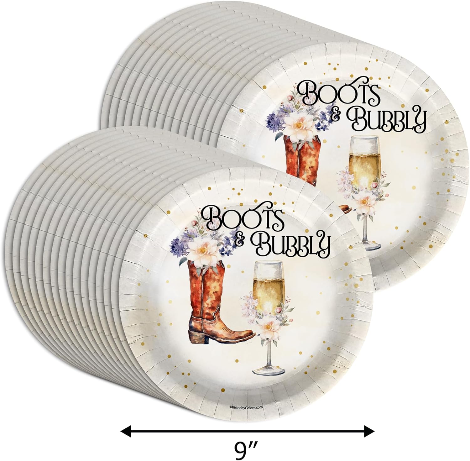 Birthday Galore Boots and Bubbly Bridal Shower - 32 Piece Disposable Party Supplies - Western Bridal Shower Decorations - Round Party Plates - Large 9" Paper Plates In Bulk (Pack of 2)