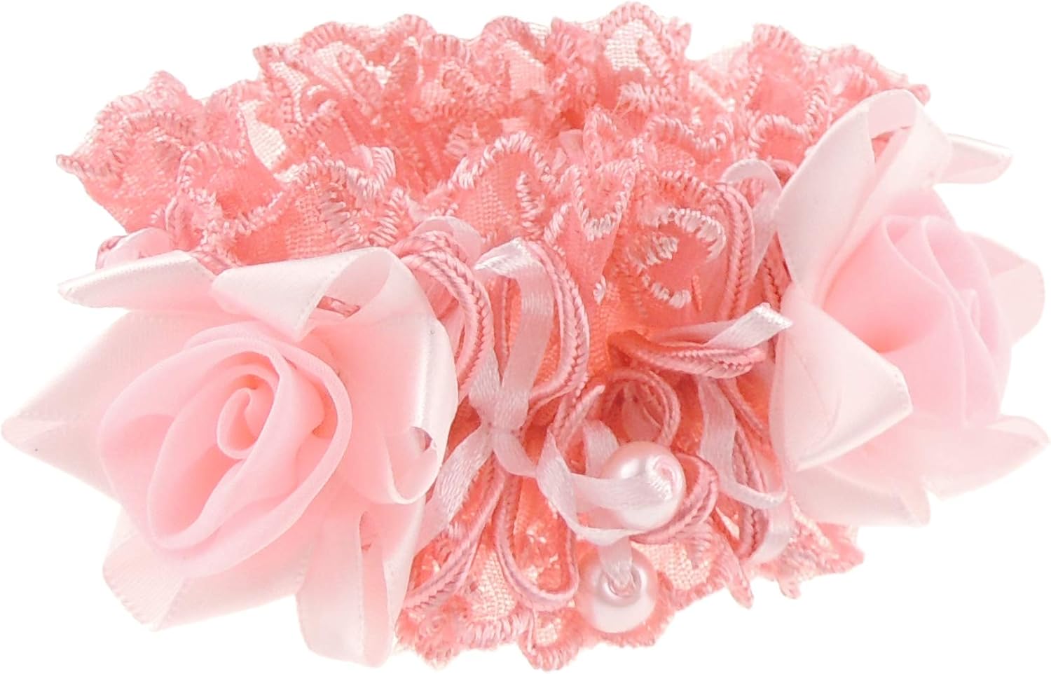 Ladies Girls Chunky Lace & Satin Rosette Hair Tie Elastic Hair Essentials (Pink No Crystal)