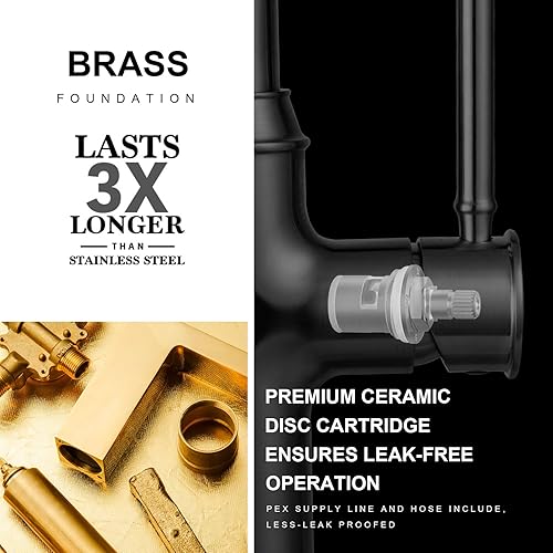 Miniatura 6 de Lava Odoro - Grifo de cocina negro mate y dorado cepillado con rociador extraíble, grifo de fregadero de cocina de una sola manija, grifo para