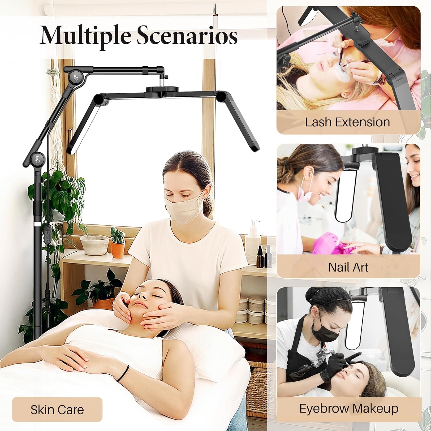 LIONVISON Half Moon Lash Light: Foldable Double Arms 6500K LED Floor Light with Phone Holder - 360° Rotating Retractable Metal Stand - Salon Use for Lash Artists Eyelash Extensions (Black)