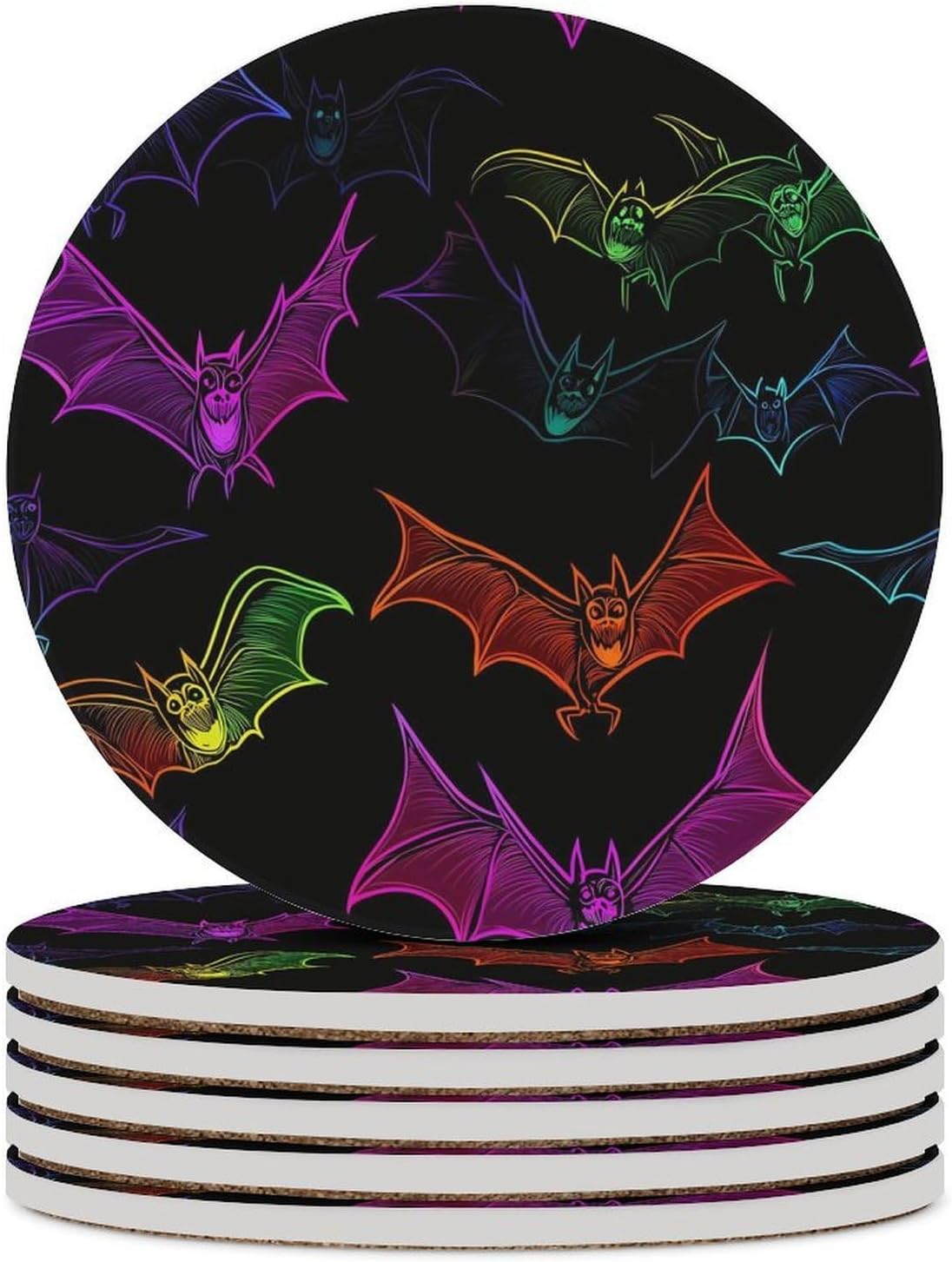 Colorful Bats Coasters for Drink Round Ceramic Coaster with Cork Base Home Decorative 6PCS