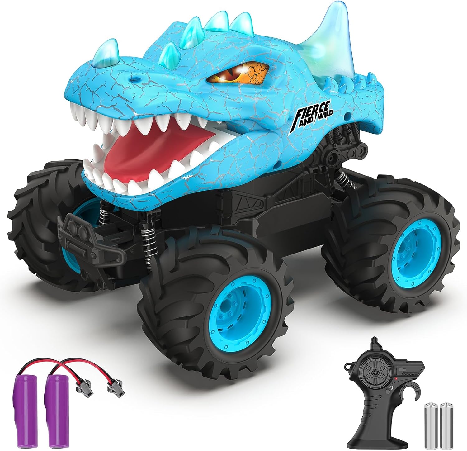 Dinosaur Remote Control Car, 2.4GHz Monster Truck Toys Rechargeable RC Cars 1:24 Scale RC Truck with LED Light Movable Mouth, Dinosaur Cars Toys for Kids Boys 6-8 8-12 Birthday Gift, Blue