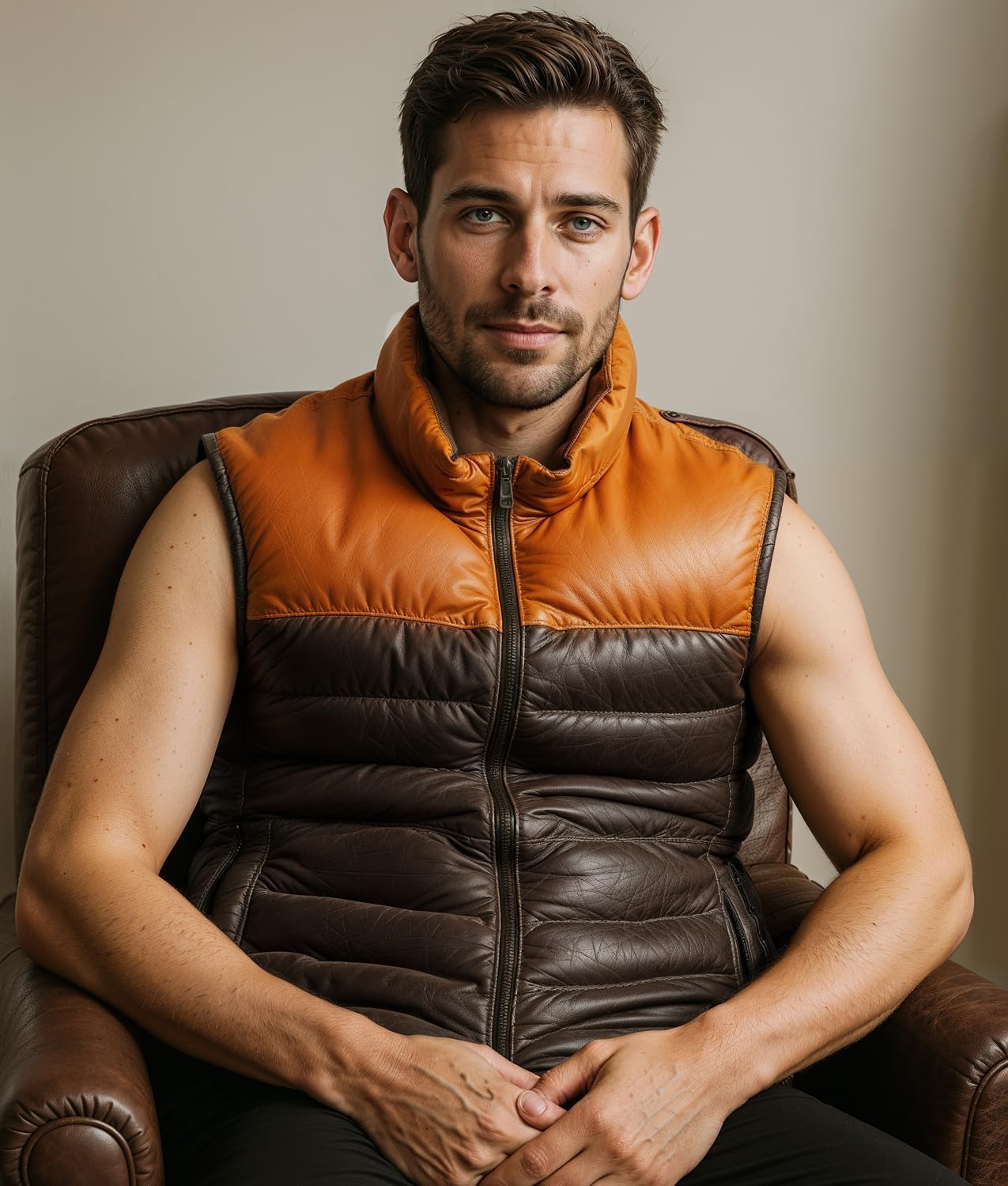 Leather Down Puffer Vest | Quilted Down Two Tone Tan and Brown Color | Outdoor Sleeveless Men's Vests - Image 5