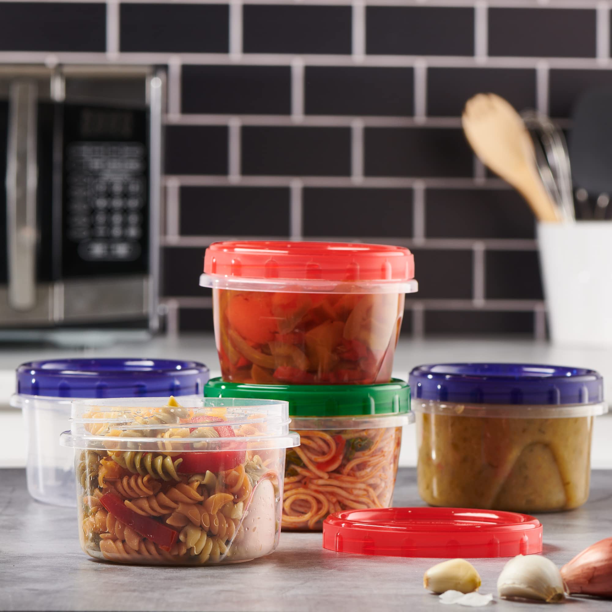 ELEGANT DISPOSABLES Twist Top Pojemniki do przechowywania żywności 470 ml 12 opakowań Plastikowe pojemniki do przechowywania Zamrażarki Szczelne Wielokrotnego Użytku z Przykręcanymi Kolorowymi