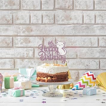 Cat Happy Birthday Cake Topper Butterfly Kitten Pet Themed Birthday Cute Meow Pawty Birthday Party Boy Girl Baby Shower Party Decoration Glitter