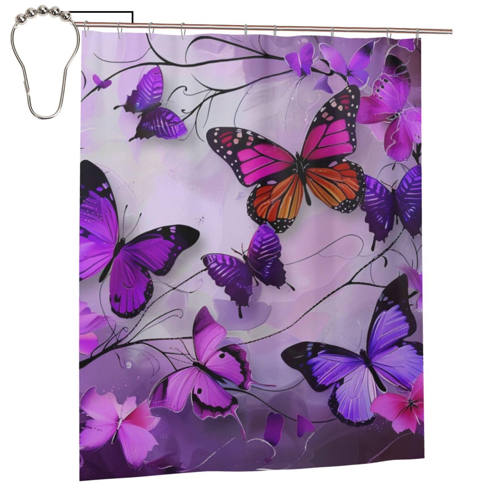 BWWHCCTI Butterflies Printed Shower Curtain With 12 Iron Hooks Opaque Quick Drying Waterproof Shower Curtains Sets For Bathroom 152x183 Cm