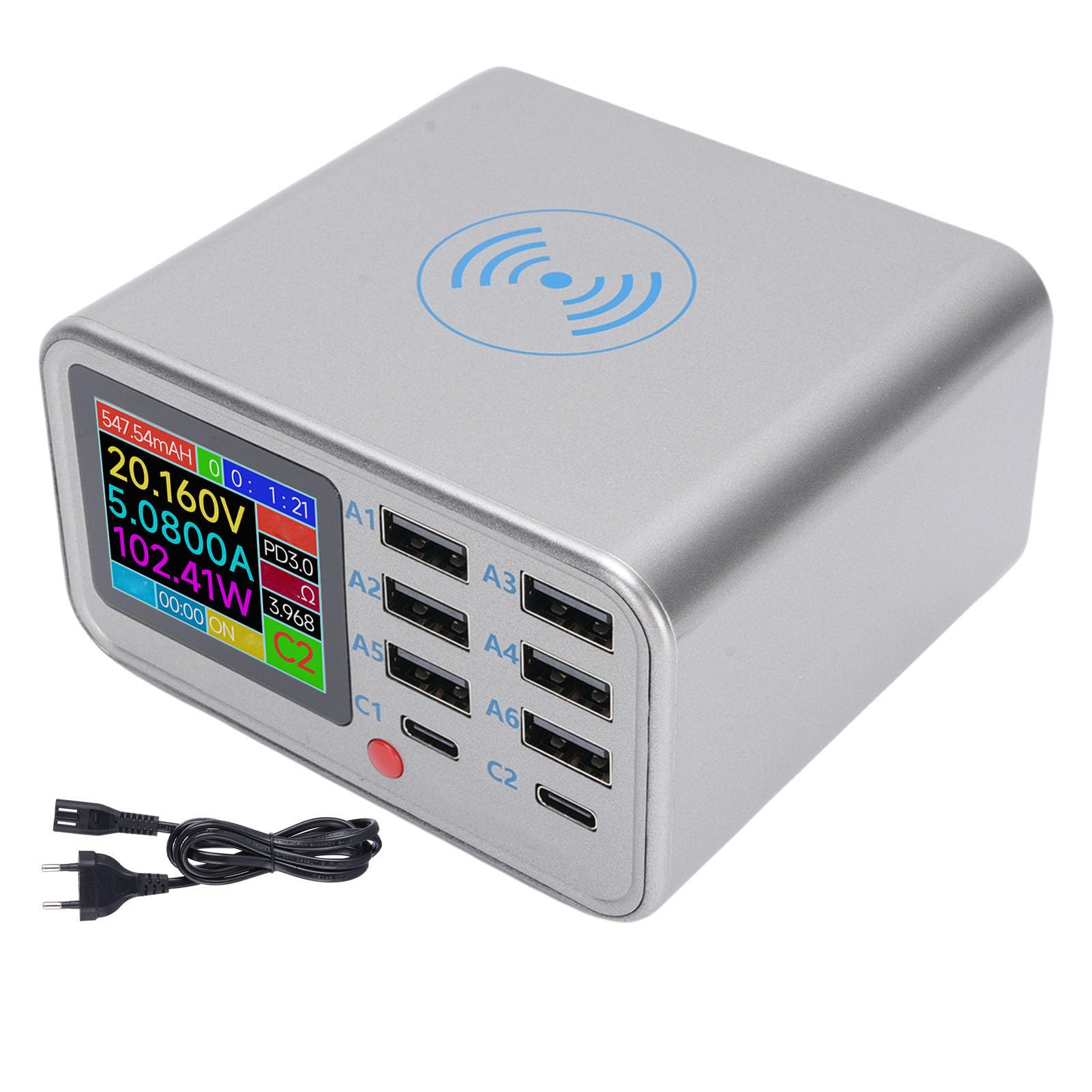 Fabater Estación de Carga Rápida USB de 8 Puertos de 100 W con Carga Inalámbrica para Teléfonos Inteligentes y Tabletas en la Oficina en Casa (Enchufe de la UE)