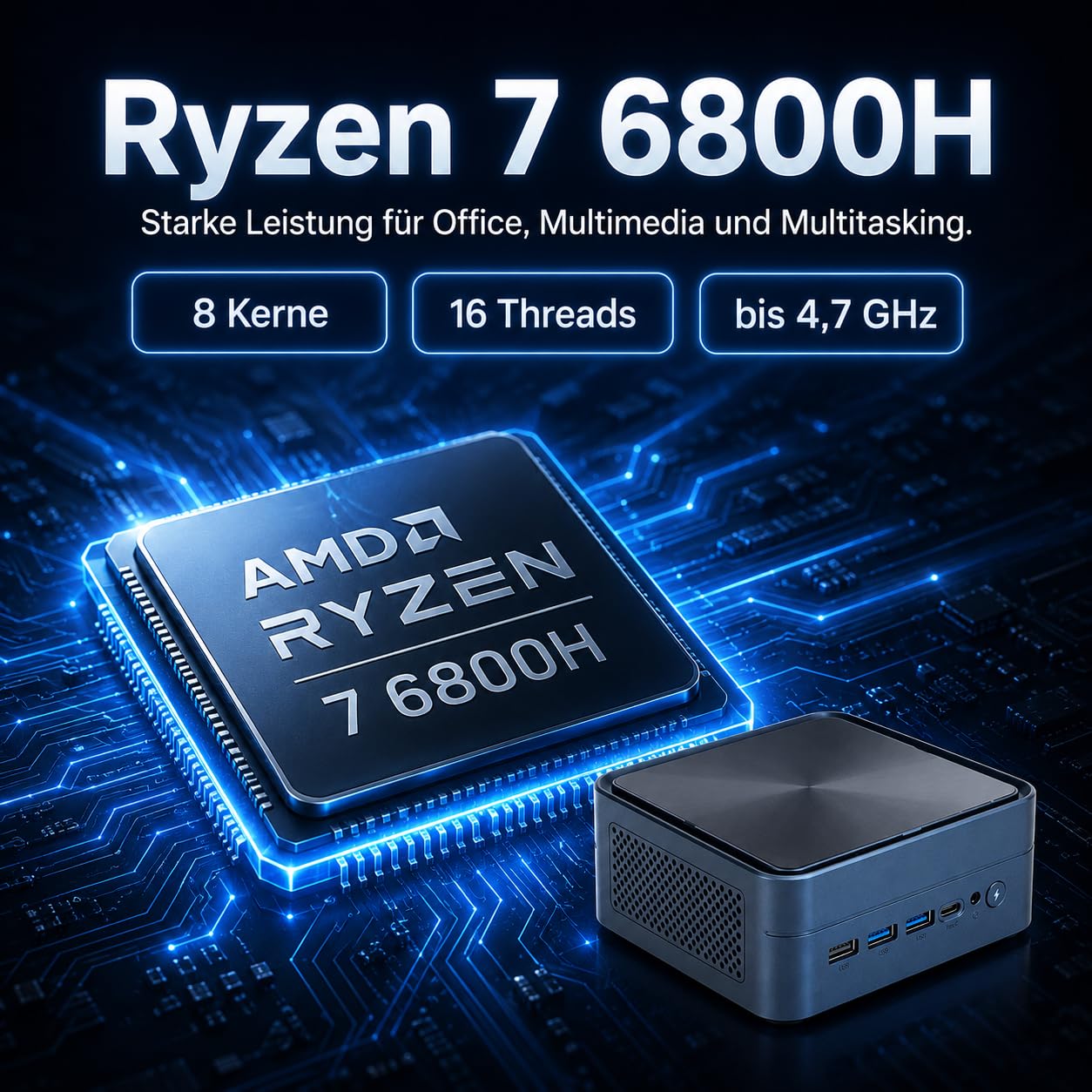 Mini PC Ryzen 7 6800H, 16GB LPDDR5 RAM, 512GB NVMe SSD für Büro und Home Office mit, Triple 4K über HDMI, DP und USB-C, Dual LAN, kompakter Mini Computer für Multimedia
