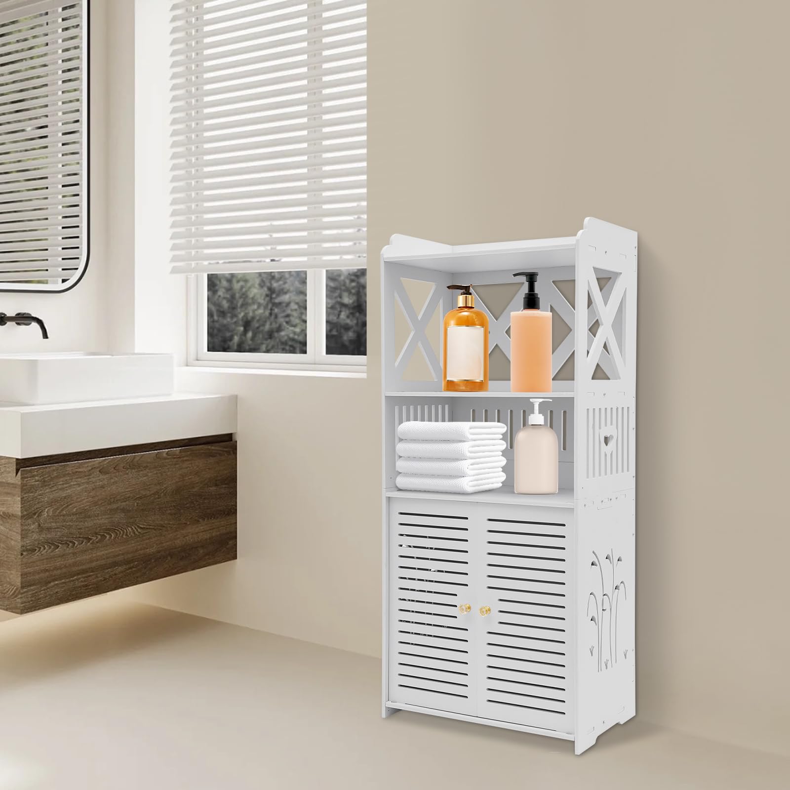 Armadietto da bagno stretto, scaffale da bagno autoportante in PVC, 40 x 25 x 90 cm, armadietto da bagno bianco con scaffale a più livelli e ventilazione per bagno, camera da letto e