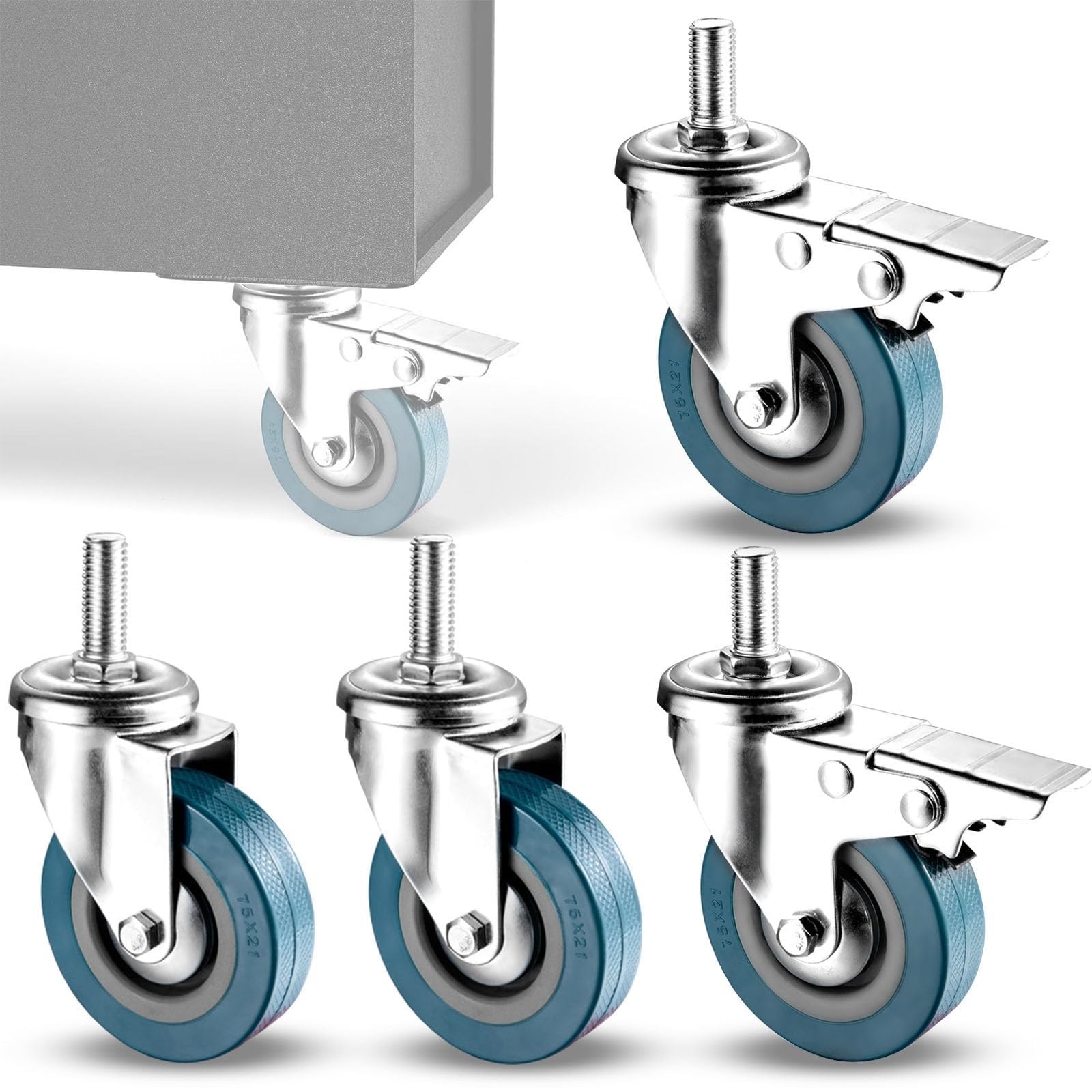 ZGUOUZANTYE Set Of 4 Swivel Caster Wheels Non Marking M10 12 Threaded Stem 360 Degree Brake Casters No Noise For Cart Furniture Workbench(Swivel+brake,75MM/M12)