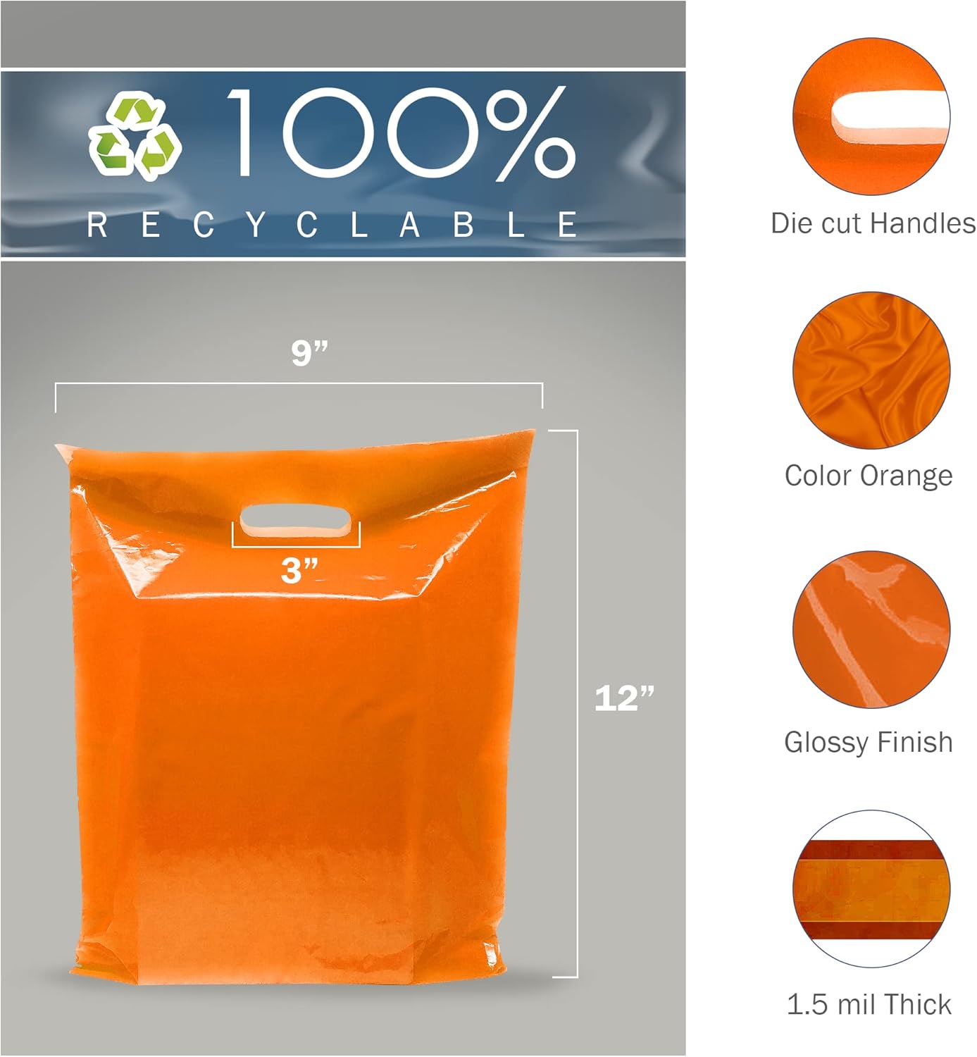 Orange Merchandise Plastic Shopping Bags - 100 Pack 9" x 12" with 1.5 mil Thick - Die Cut Handles - Perfect for Retail, Party Favors, Birthdays, Goodie Bags - Color Orange - Recyclable - Image 2