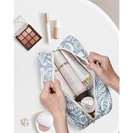 Full Size Toiletry Bag Women Large Cosmetic Bag Travel Makeup Bag Organizer Medicine Bag for Toiletries Essentials Accessories (Large, Blue Leaf)