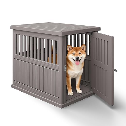 Bifanuo Dog House 30-Inch Dog Crate Furniture, Heavy Duty Dog Crate for Small Dog, Lockable Indoor Outdoor Dog Kennel & End Table, Decorative Plastic Pet Cage (Grey)