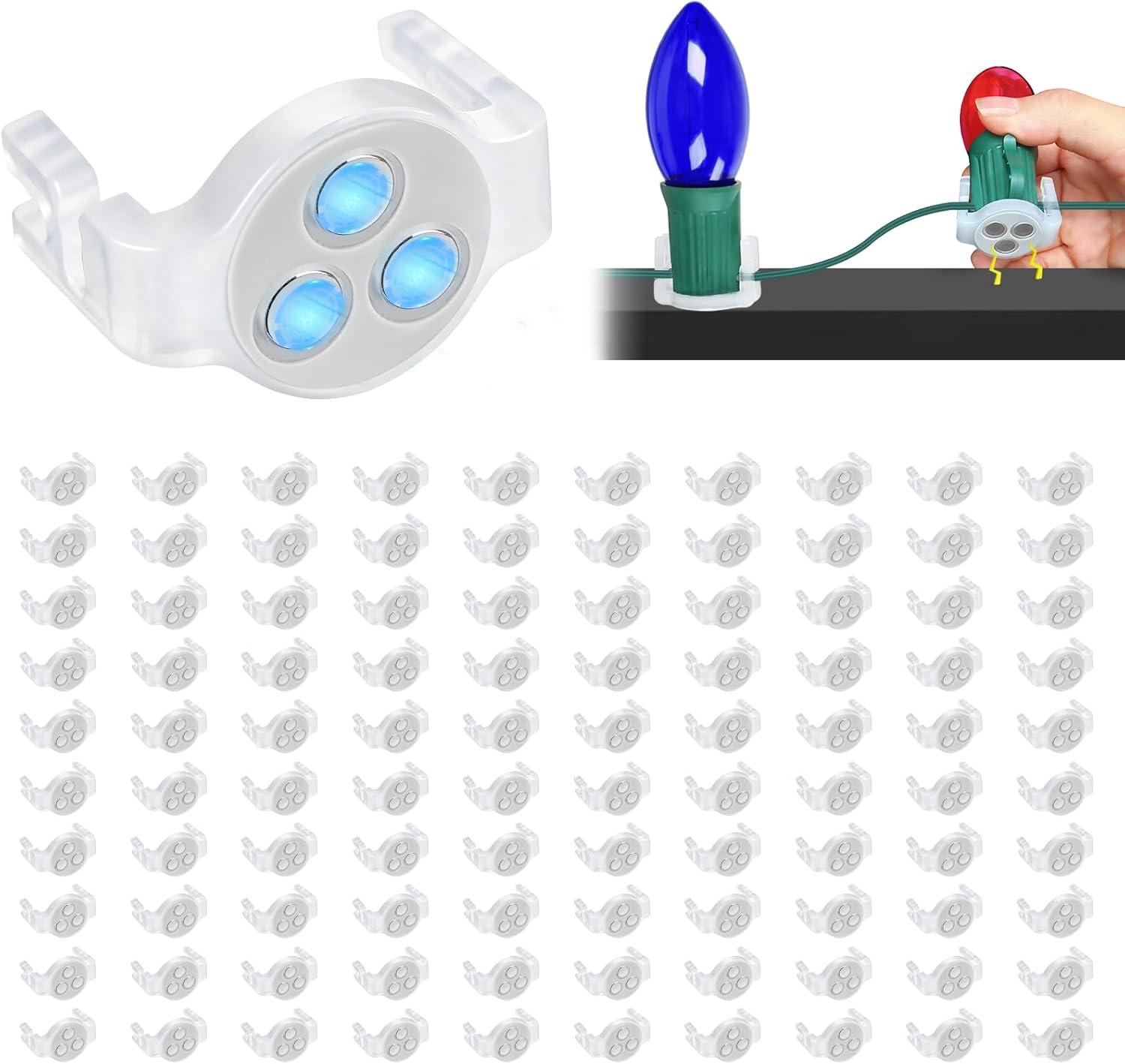 100 Pack Magnetic Christmas Light Clips, Upgraded Anti-Slip Metal Roof Christmas Light Hooks for C9 C7 Sockets, Weather-Resistant String Lighting Clips for Outside Gutters Patio Holiday (White) White 100Pcs