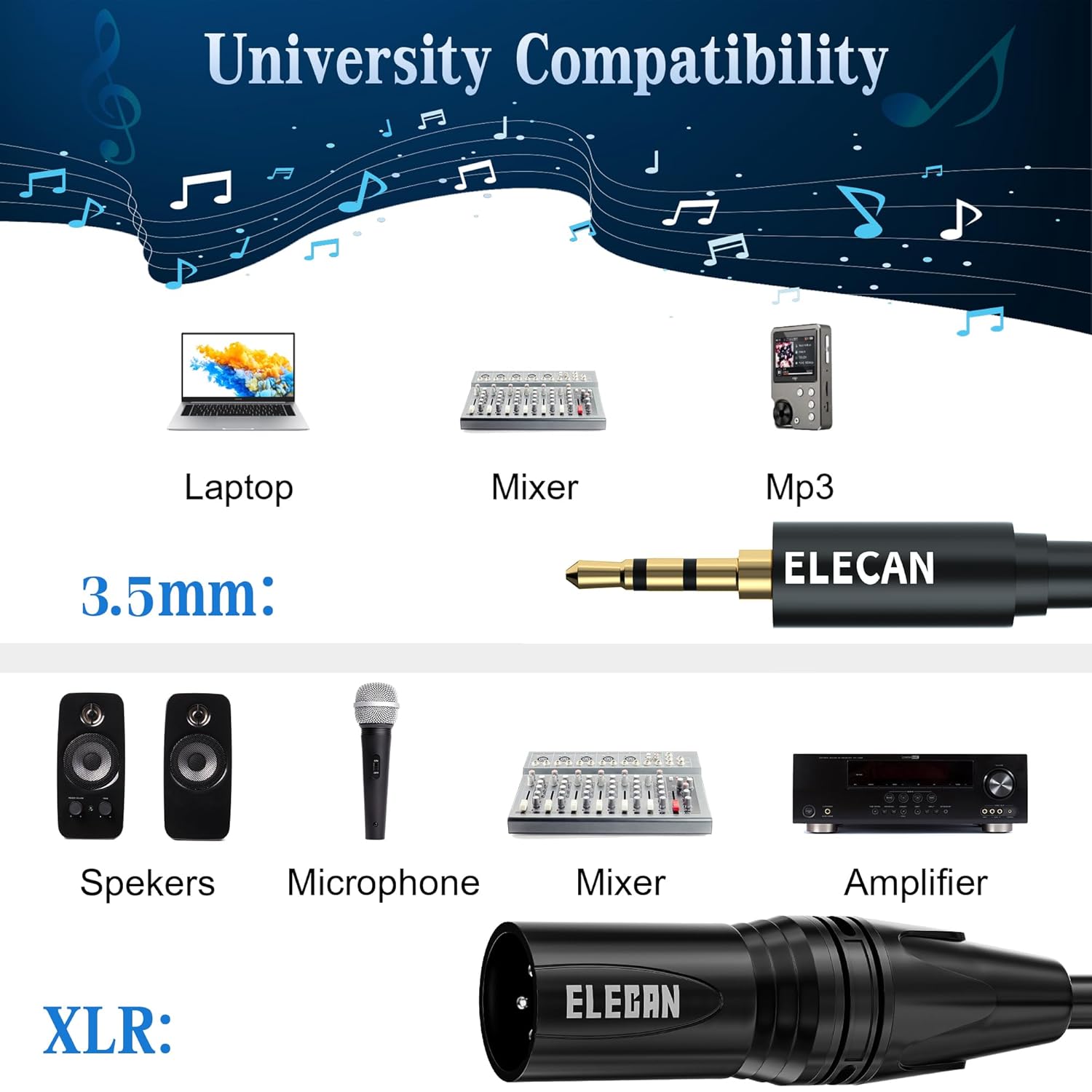 Elecan 3.5mm (1/8 Inch) TRS Aux Male to XLR Male Cable 50 Ft, Balanced Professional Shielded Stereo Microphone Cable Cord, Gold Plated for DSLR Camera Mixer Headphones with 3.5 to 6.35mm Adapter+Ties