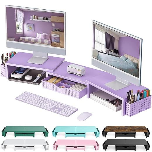gianotter Dual Monitor Stand Riser, Desk Organizer With Drawer and 2 Pen Holders, Desk Organizers and Accessories, Purple Office Decor (Purple)
