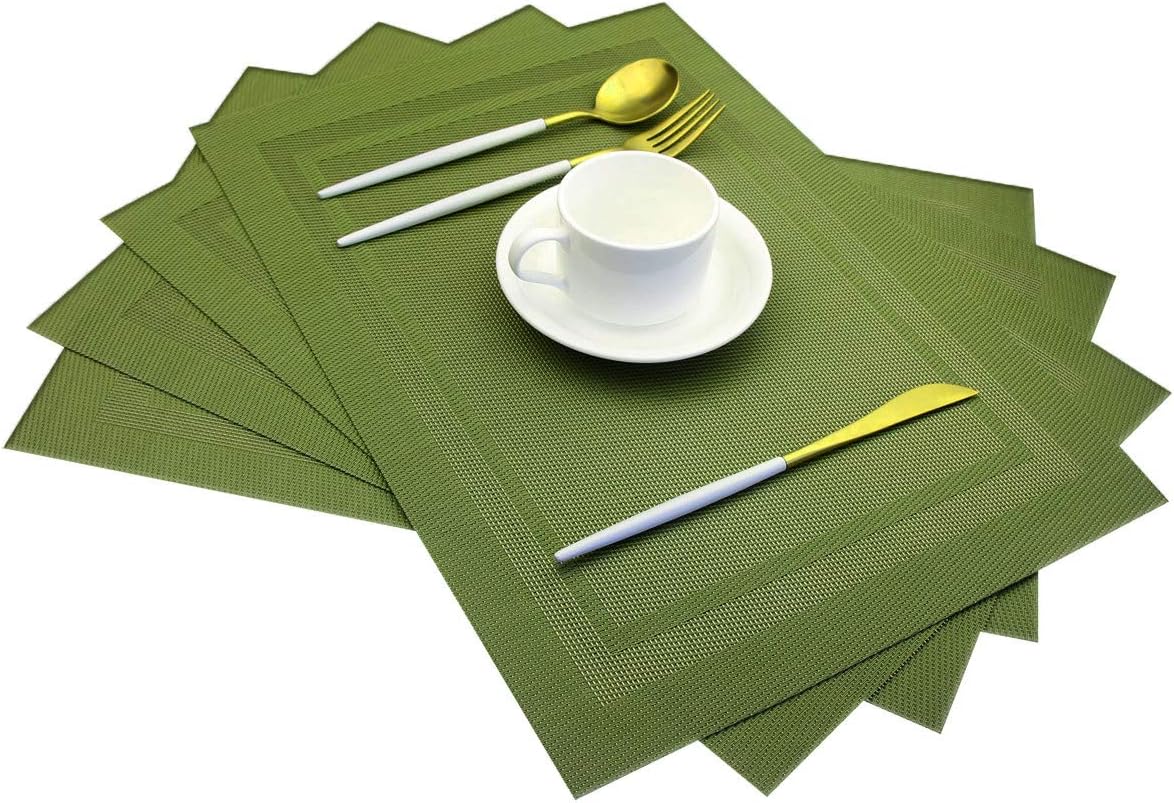 PIGCHCY Placemats,Heat Insulation Non Slip Plastic Placemats,Washable Easy to Clean Woven Vinyl Kitchen Stain Resistant Placemats for Dining Table Set of 4 (Olive Green) 4pcs Rectangle Green - Olive