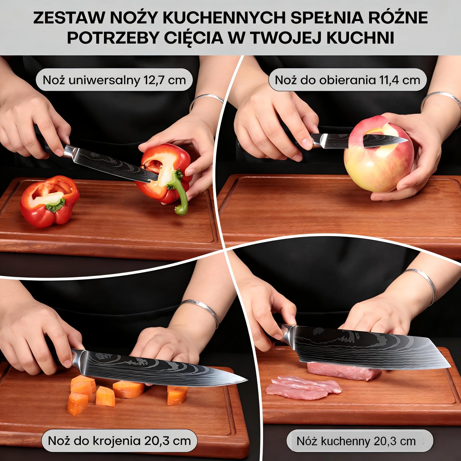 Zestaw 5 noży kuchennych wykonany z wysokiej jakości stali nierdzewnej, z ostrymi ostrzami, nóż szefa kuchni, nóż uniwersalny i ergonomiczny uchwyt