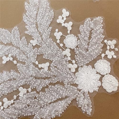 2 Pcs Sequin Crystal Beaded Appliques Pearl Flower Embroidery Lace Patches 3D White Floral Sew On Appliques For Wedding Dress Gown Headpiece Clothing Accessories Home Decoration Craft Diy #TOP5