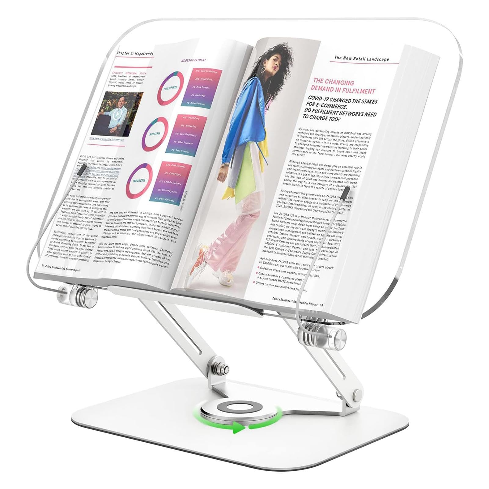 Espositore per libri in acrilico, dimensioni pannello 34,1 x 23,5 cm | supporto per libri in acrilico trasparente, dimensioni base 22,7 x 17 cm, supporto regolabile per libri di cucina con rotazio