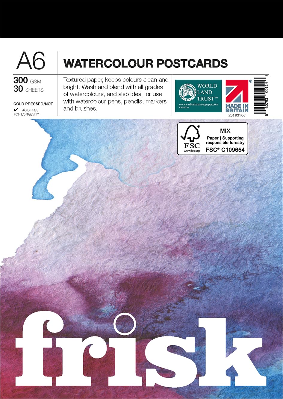 Frisk White Watercolour Paper Pad 300Gsm Cold Pressed/Not 30Sheets A6,