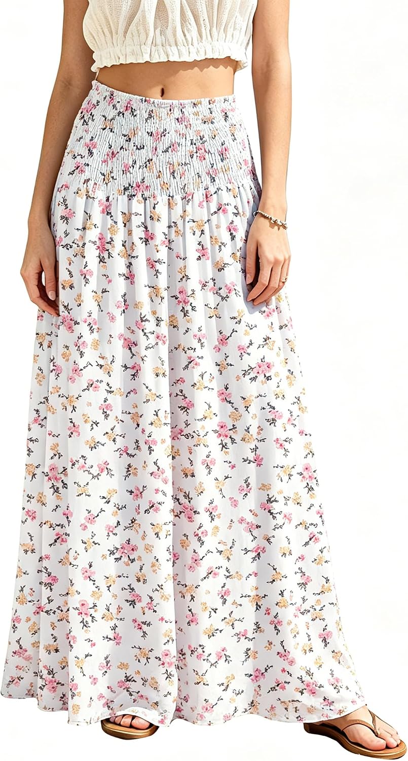 Womens Maxi Skirt Smocked Boho Flowy Casual Long Skirts