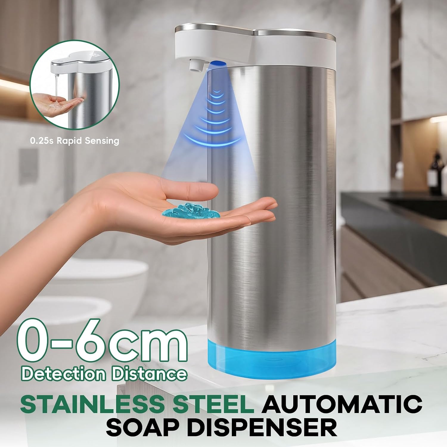 Automatic Soap Dispenser Touchless,Stainless Steel Hand Soap Dispenser,11.8oz/350ml,4 Adjustable Levels,USB Rechargeable,Desktop & Wall-Mounted Dual Use,for Kitchen & Bathroom,Liquid White