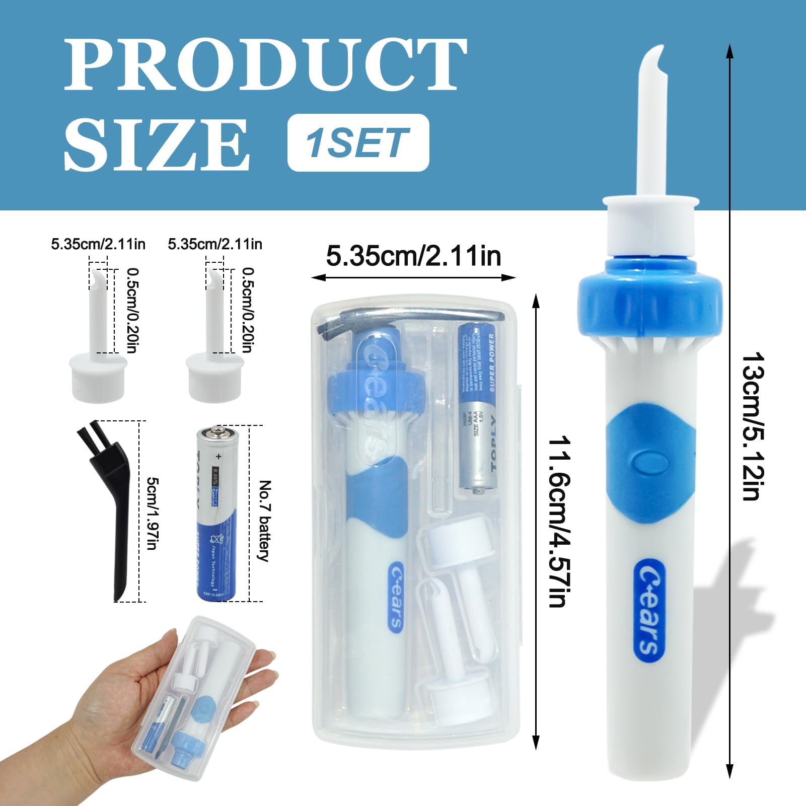 Aspiratore Cerume Orecchie Elettrico con 2 Testine Lavabili, Pulisci Orecchie a Vibrazione e Aspirazione, Pulizia Orecchie Sicura e Delicata per Adulti e Bambini, Aspira Cerume Professionale