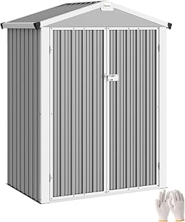 Outsunny Caseta de Jardín Exterior 1,1 m², 133x87x178 cm, Cobertizo Metálico con Puertas Abatibles Dobles, Techo a Dos Aguas y Guantes, Almacenaje de Herramientas y Bicicletas, Gris