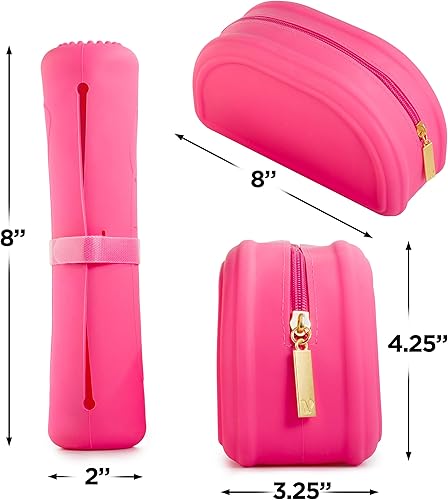Miniatura 2 de Juego de bolsa de maquillaje de silicona y soporte para brochas, Rosa encendido, Bolsa de maquillaje de silicona
