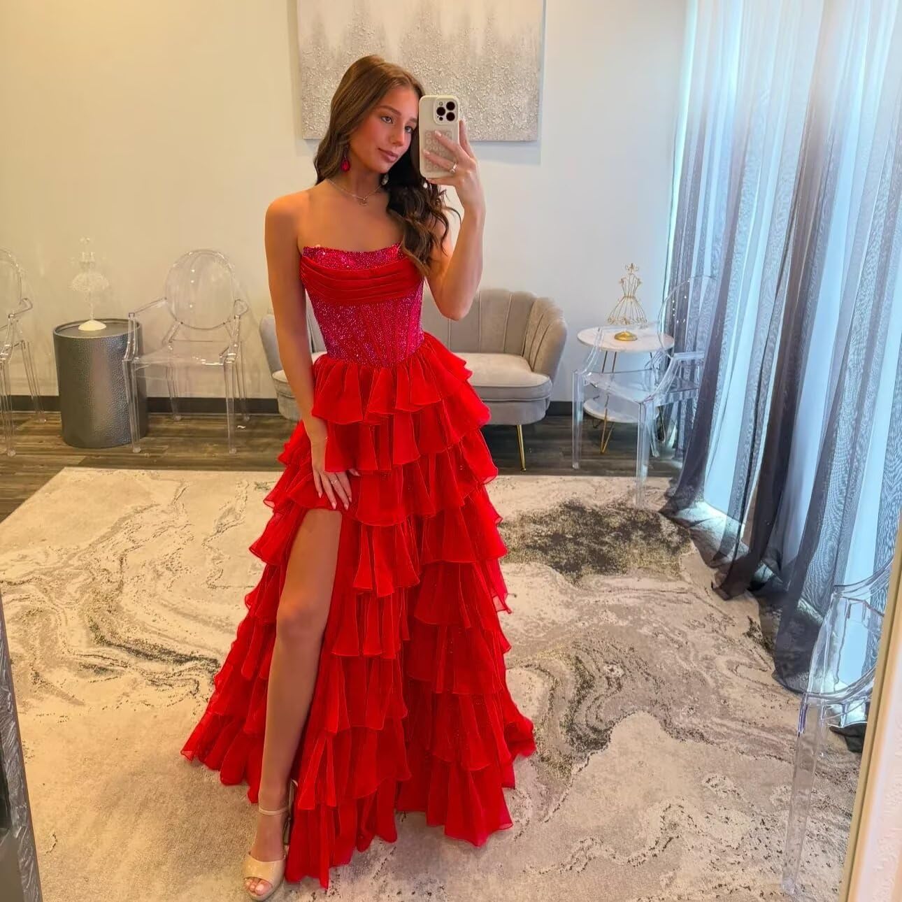 Cudiew Sequin Strapless Corset Prom Dress for Women 2026 Chiffon Tiered Maxi Formal Evening Party Dress with Slit - Image 2