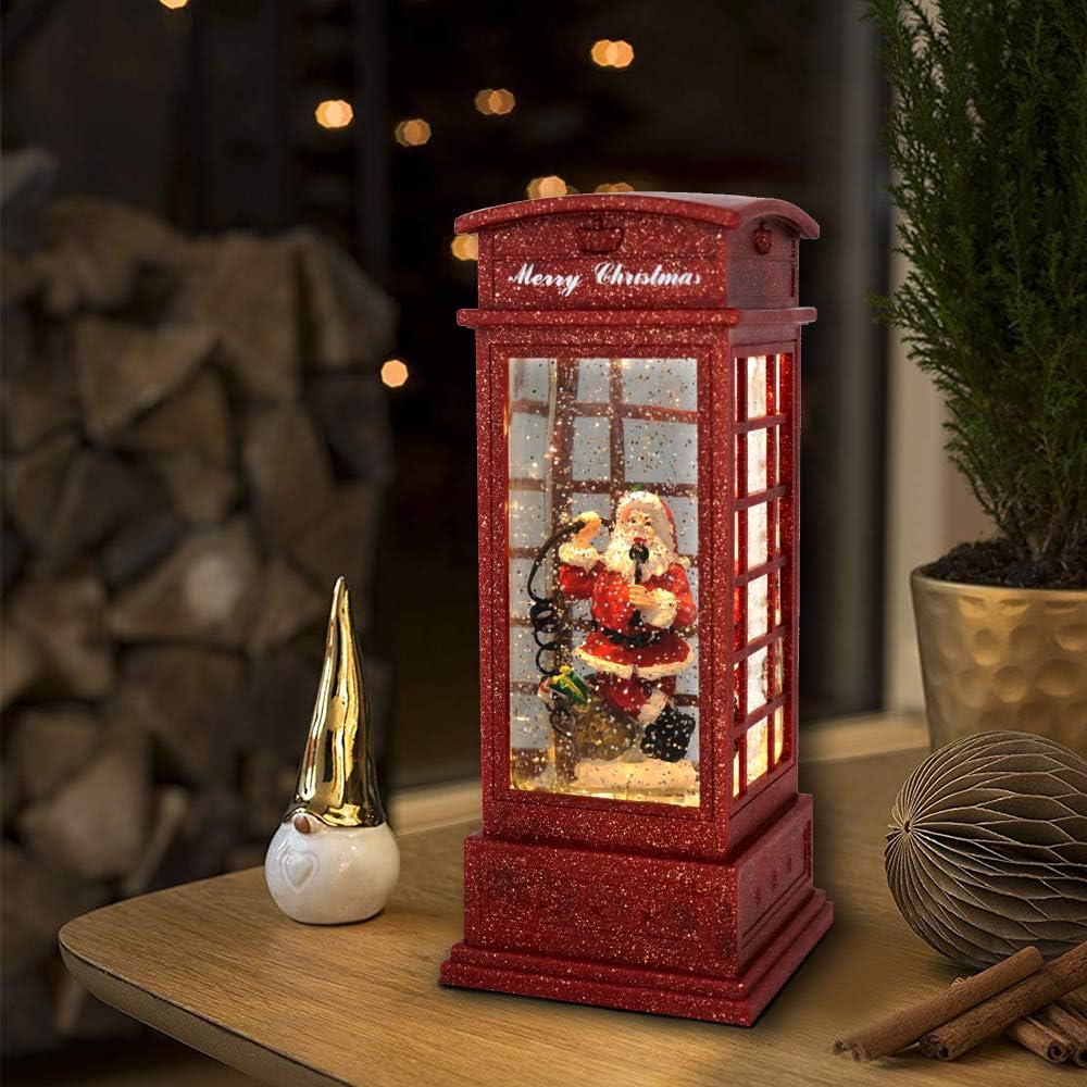 Eldnacele Christmas Snow Globe Lantern Phone Booth, Swirling Water Glittering Battery Operated Festicval Ornament with Timer for Christmas Tabletop Centerpiece Home Decoration(Phone Booth)