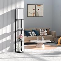Omdekor Állólámpa Polcokkal LED Fénnyel, Modern Fa Tárolós Álló Lámpa Fehér Vászon Ernyővel, Fekete Sarok Világítás Nappali Hálószoba Iroda 2
