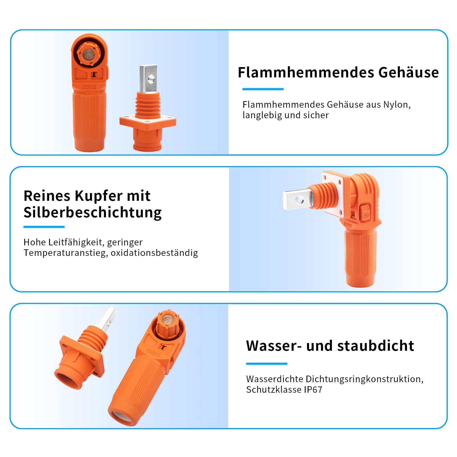 Conector de batería de 120 A, conector de almacenamiento de energía, cobre plateado, grado de protección IP67, conector de un solo núcleo para almacenamiento de energía (naranja y negro)