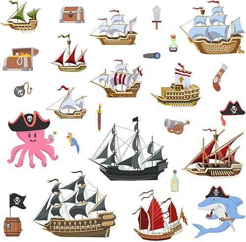 Miniatura 2 de Calcomanías de pared extraíbles de barco pirata, calcomanías de madera para barco, velero, divertido, océano, pulpo, tiburón, impermeable, despegar