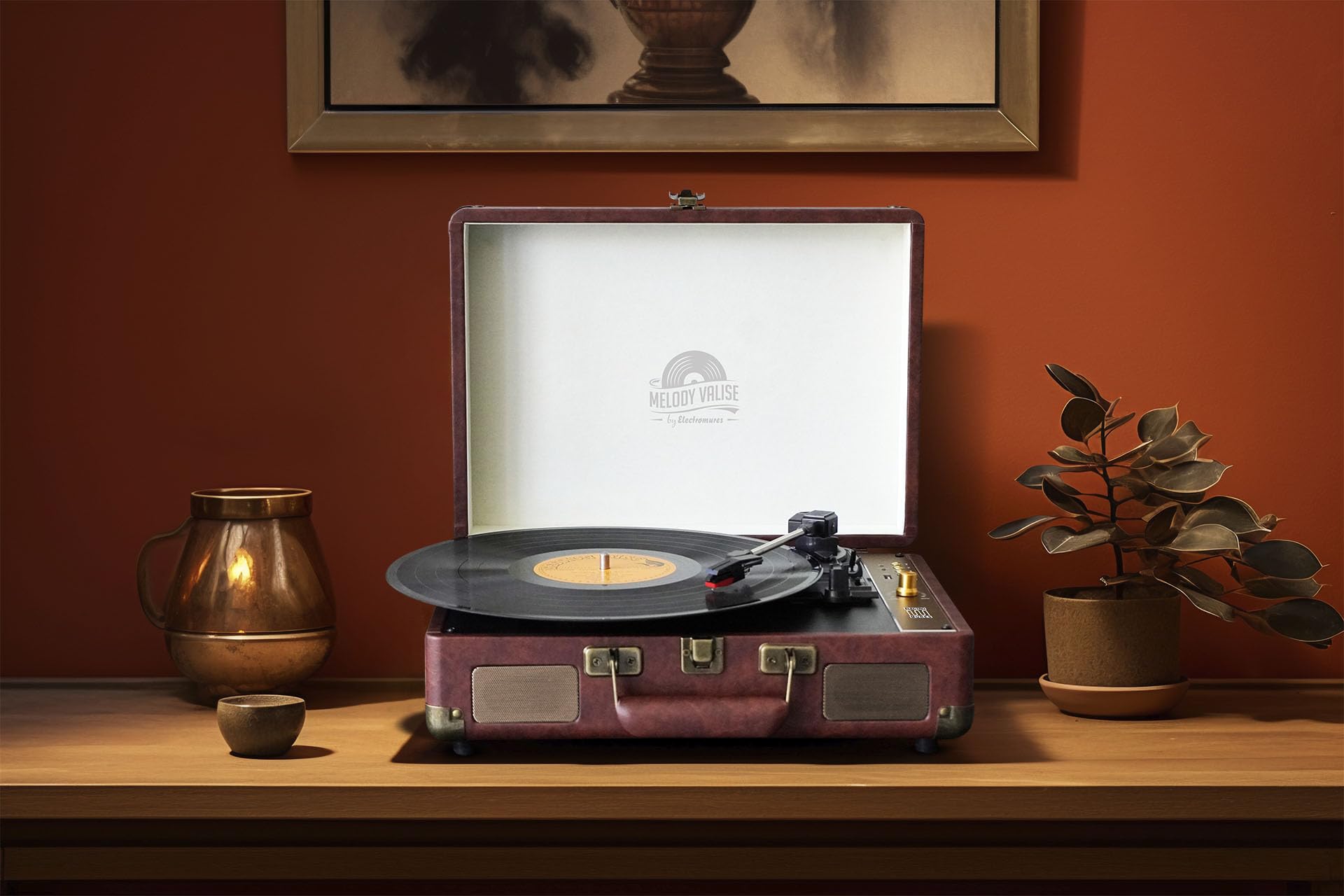 EM 1026 Braun, Retro Plattenspieler mit Bluetooth, Koffer-Schallplattenspieler mit eingebautem Akku, integrierte Stereo-Lautsprecher, Saphirnadel, 3-Gang 33/45/78 RPM