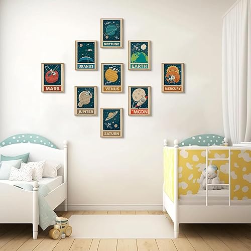 Miniatura 7 de 9 piezas de arte de pared retro del sistema solar para cuarto de niños, imágenes espaciales retroespaciales, galaxia, decoración de pared, pinturas