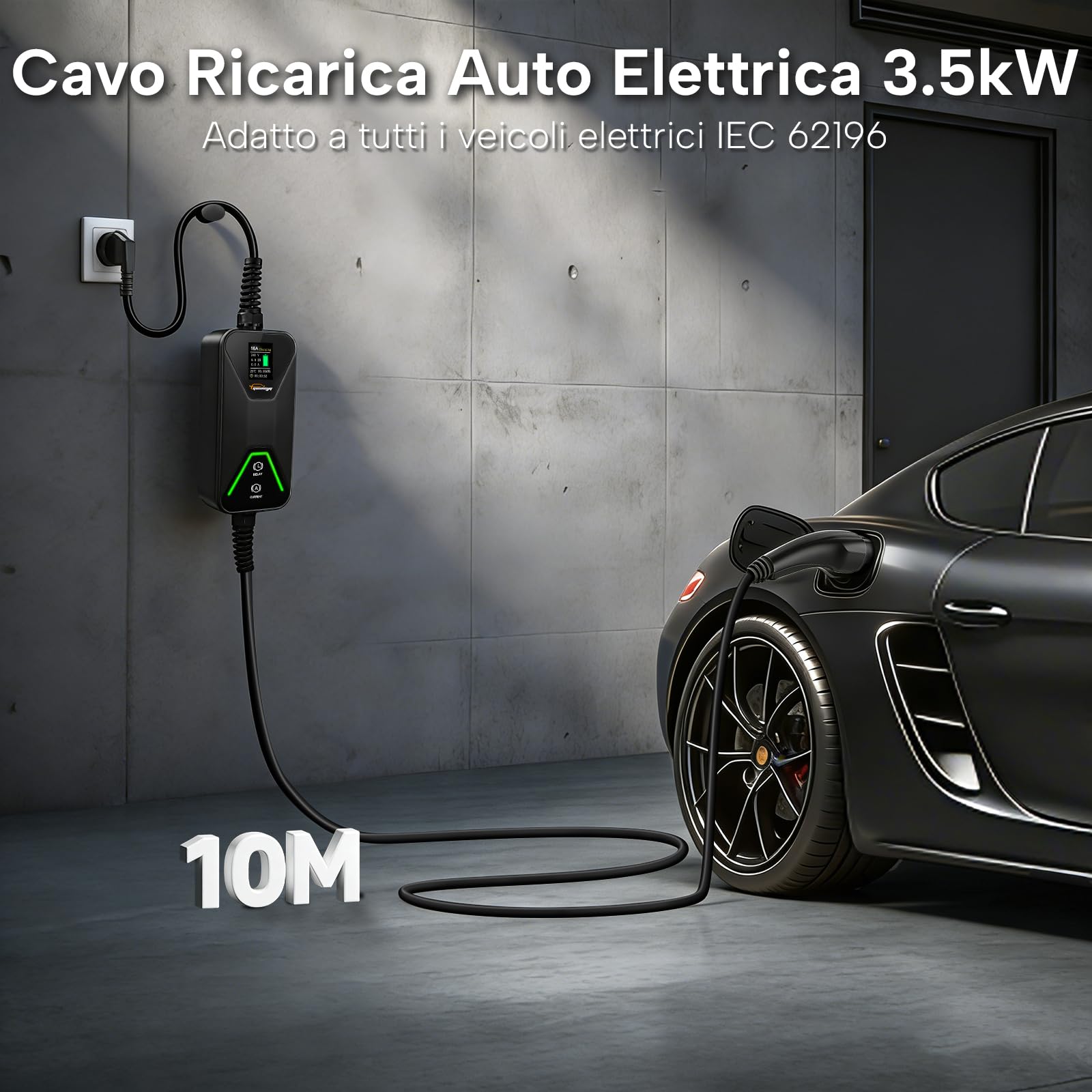 Cavo Ricarica Auto Elettrica Tipo 2 Schuko 3,5 kW, 8-16A, 10m