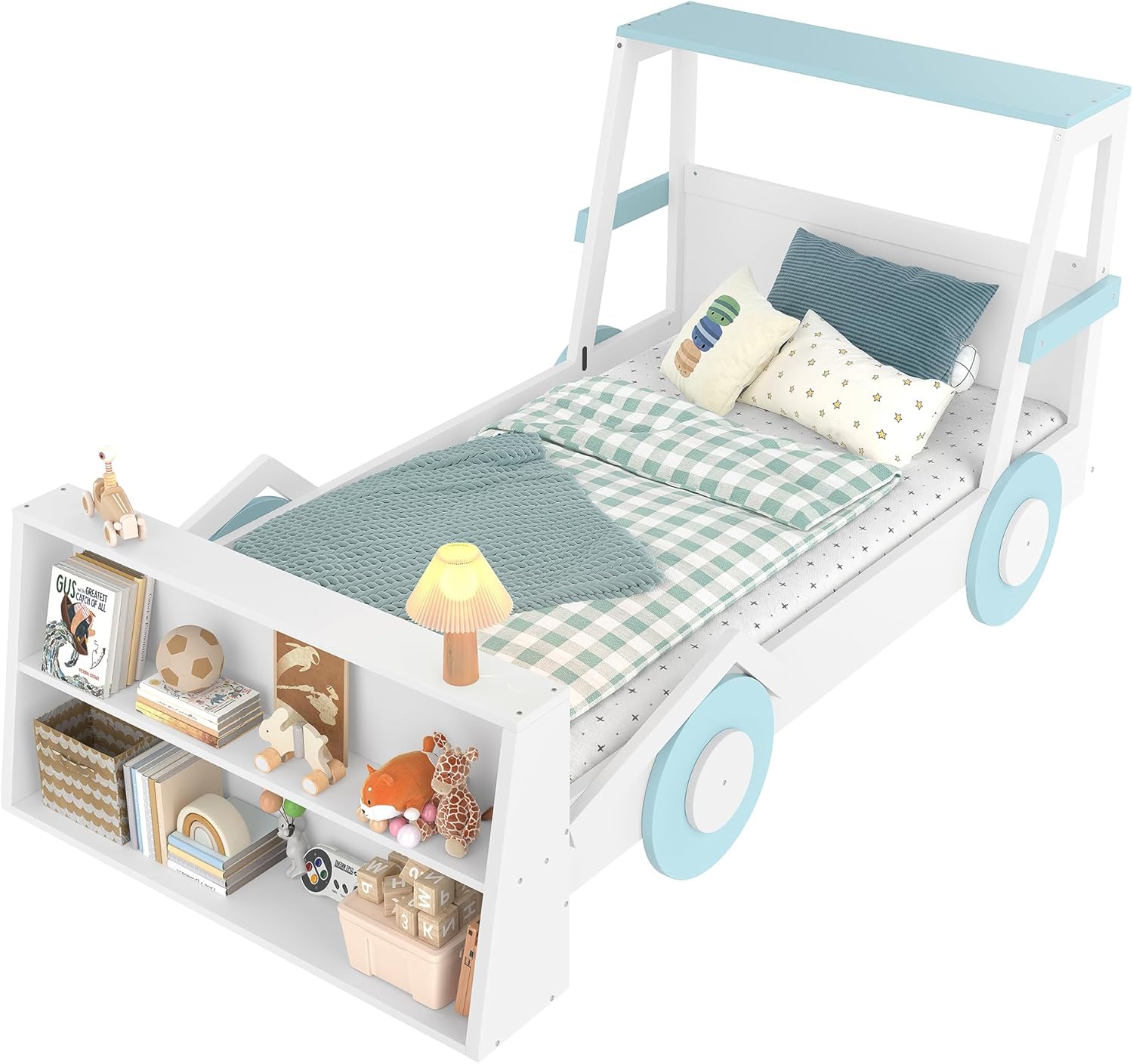 Twin Size Car-Shaped Bed with Storage Shelves, Low Profile Platform Bed with Headboard and Footboard, Wooden Car Bed Frame with Guardrails and Wheels, Blue & White