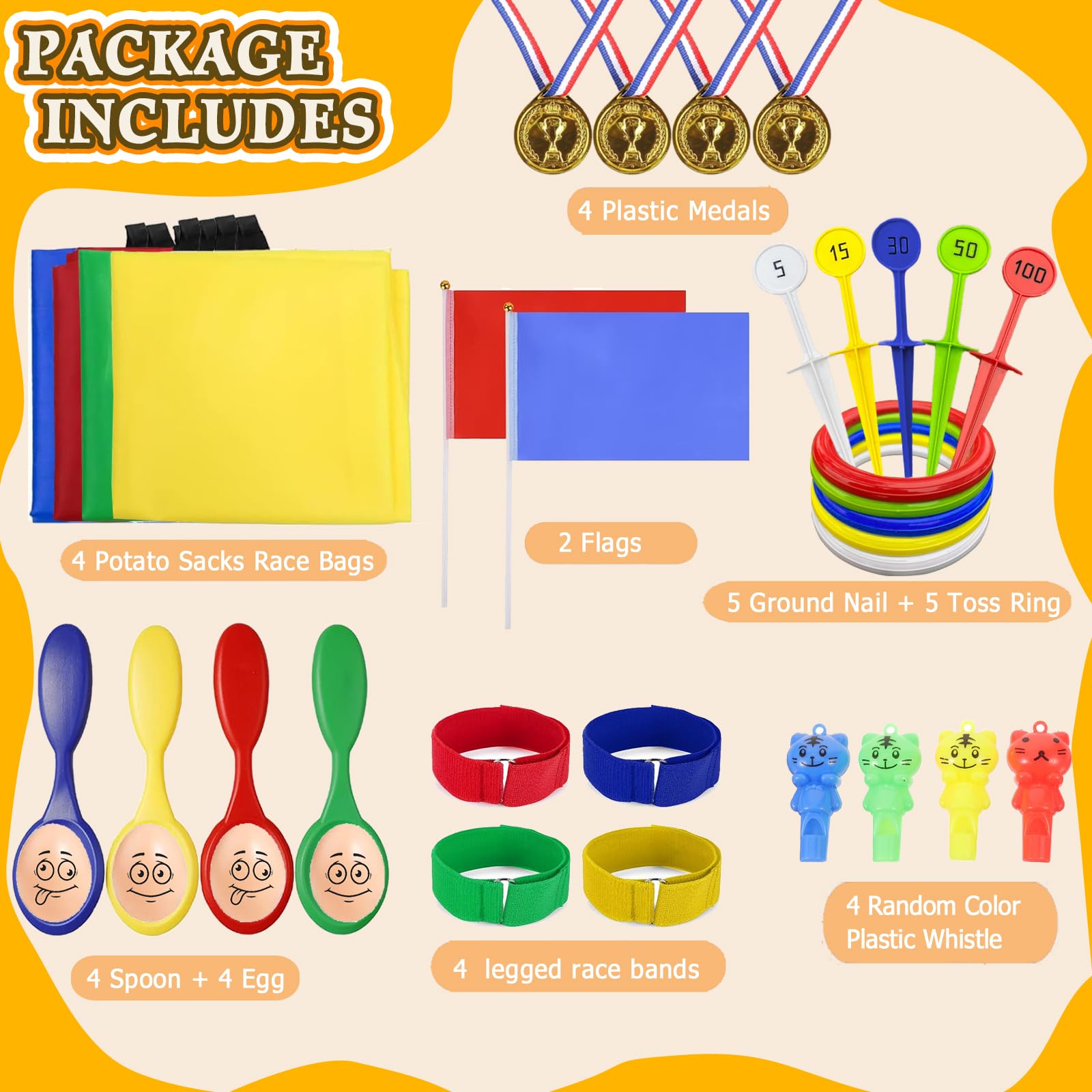 Sports Day Kit, 36 Pcs Outdoor Games Set, Sack Race, Ring Toss Game, Egg and Spoon Race, 3 Legged Race, Medal and Whistles, Birthday Party Games Backyard Garden Game Kit for Kids and Family — view 2