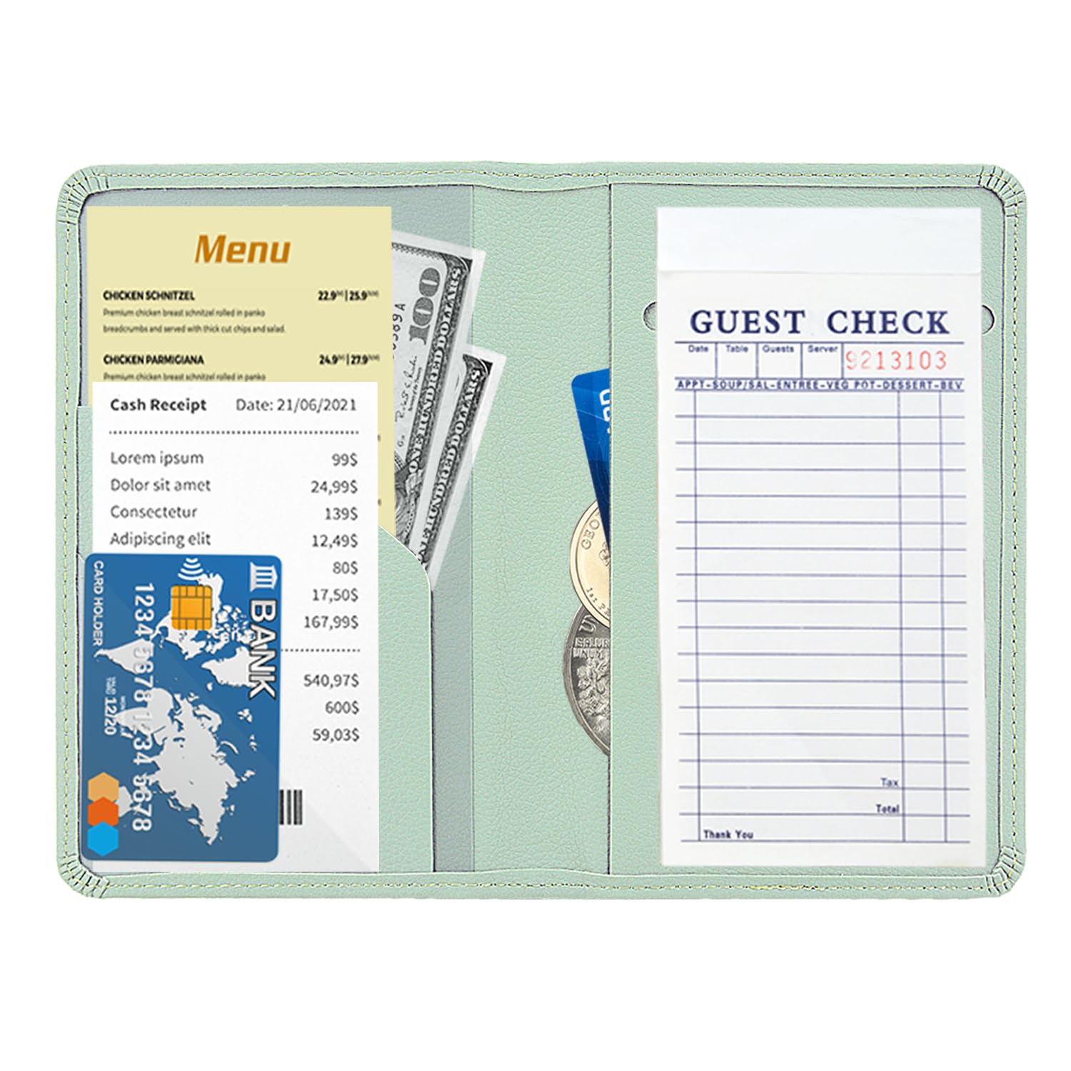ACdream Server Books for Waitress, Guest Book Note Pad, Cute Pocket Leather Money Organizer Wallet, Cash Check Bill Receipt Holder Presenter - Waiter Accessories Fit Server Apron, Agave Green