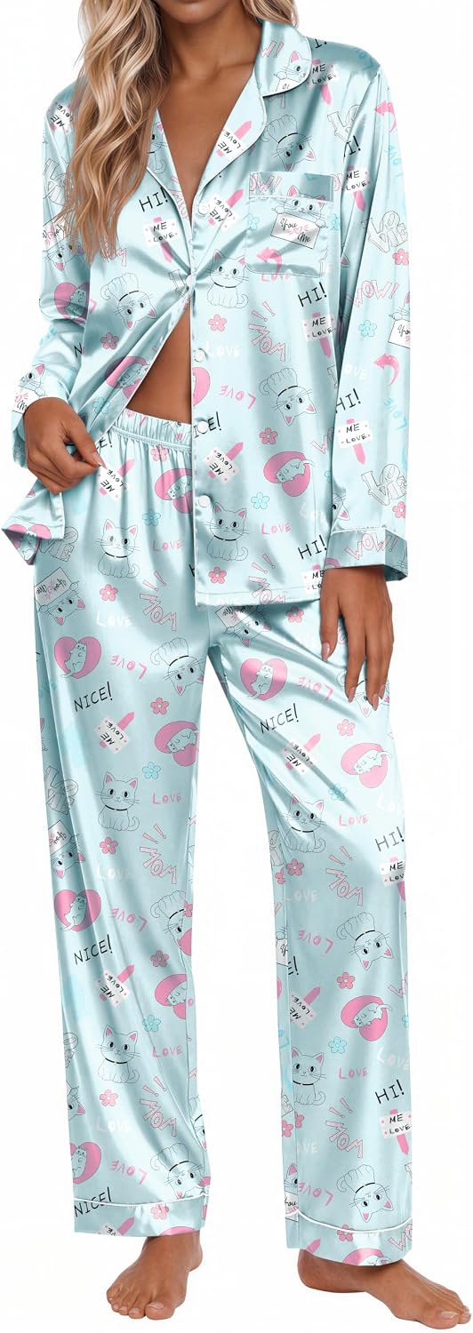  Silk Satin Pajamas for Womens Button Up Long Sleeve Pjs Lounge Set thumbnail