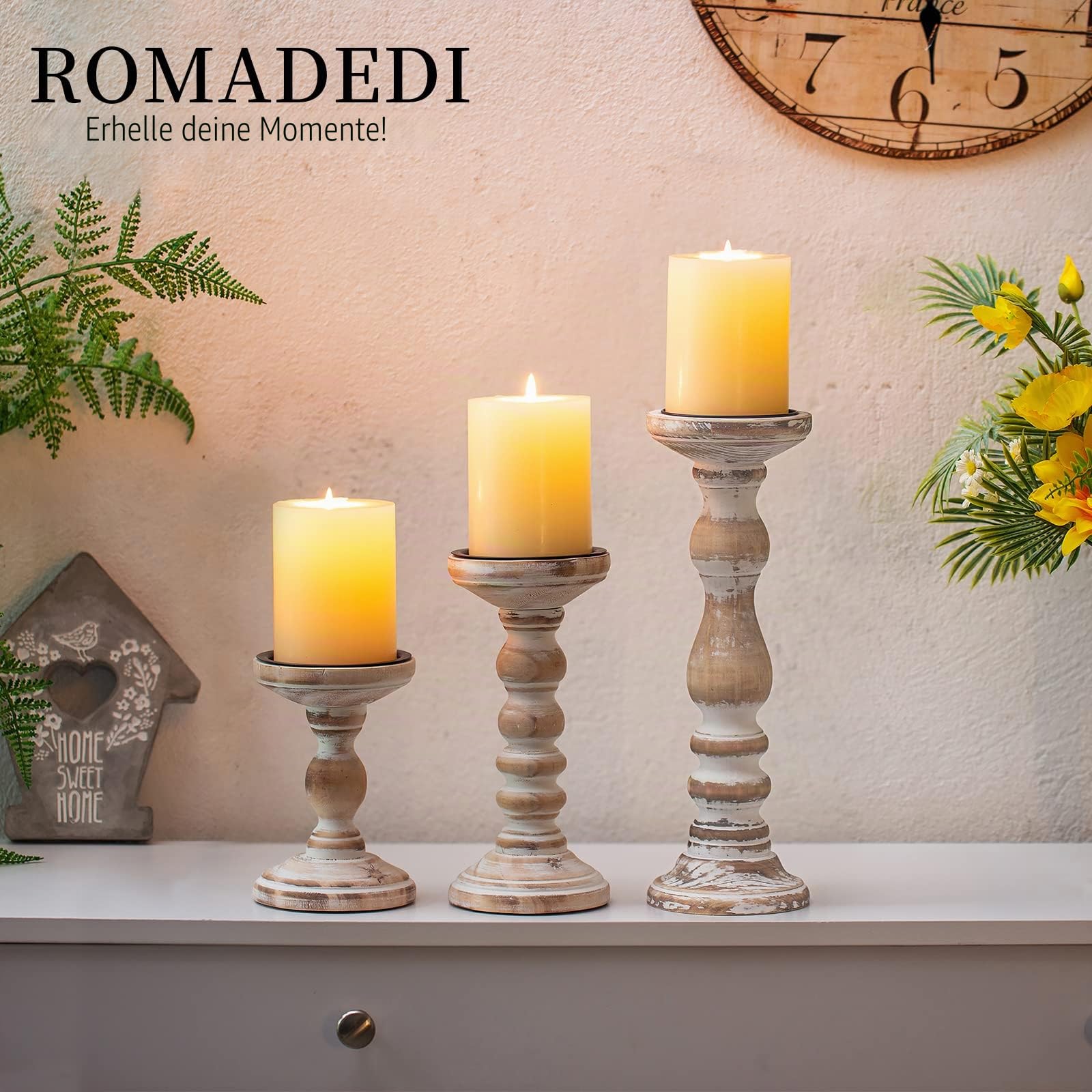 Romadedi Kerzenständer Holz für Stumpenkerzen, 3er-Set, Vintage Weiß | Drei Höhen: 15, 21 und 30 cm; Metall-Kerzenteller für Stumpenkerzen bis ca. Ø 7,6 cm; für Kaminsimse und Beistelltische