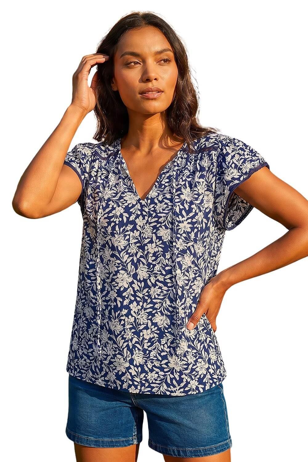Roman Originals Floral Print Frill Sleeve Tie Top for Women UK - Ladies Everyday Holiday Spring Summer Round Neckline Comfy Soft Evening Vacation Work Party - Navy - Size 14